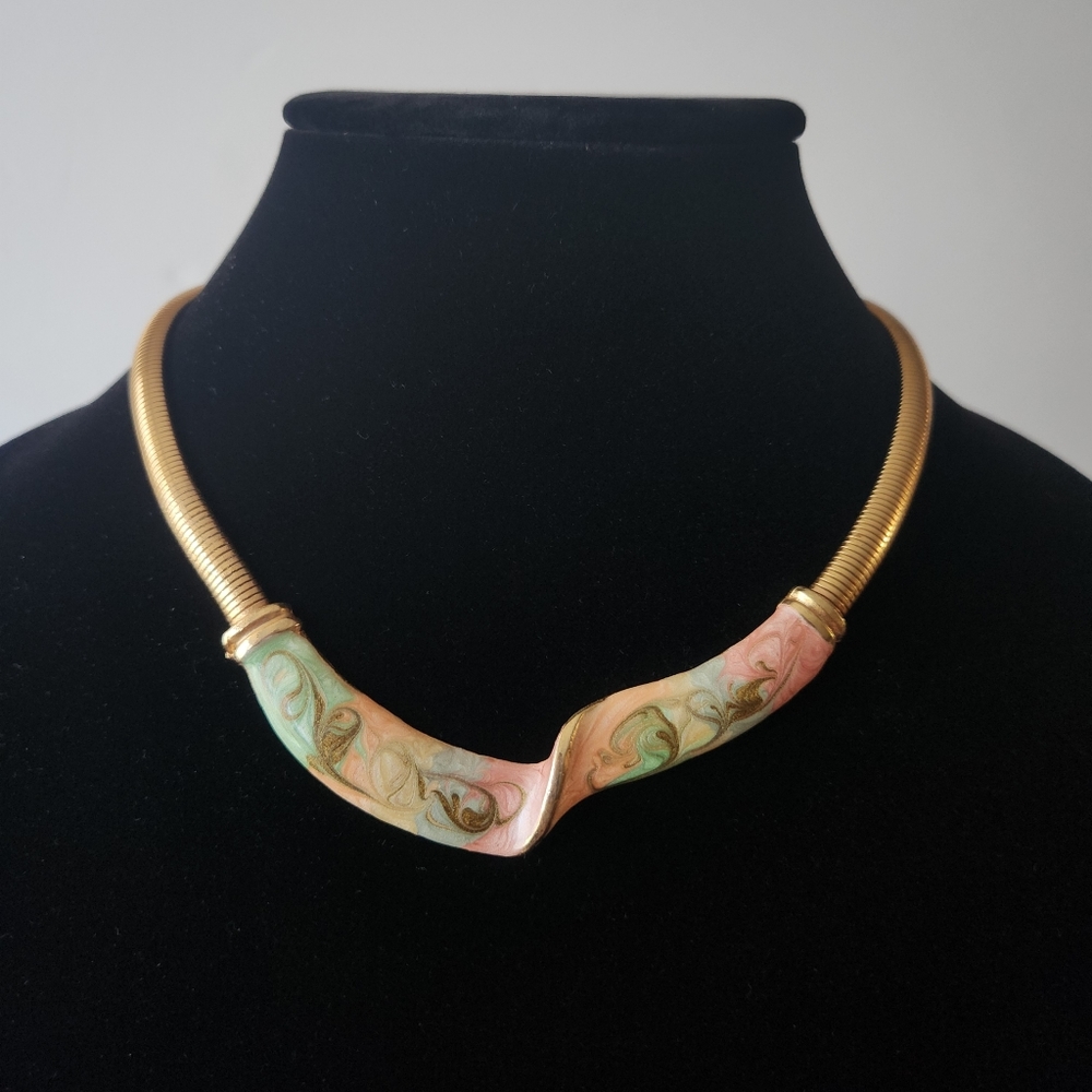 Vintage Metallic Gold Tone Pastel Enamel Snake Chain Choker Necklace